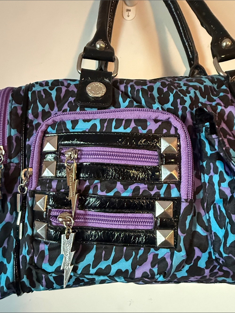 Betsey Johnson Purple & Teal Animal Print Duffel Satchel Handbag - Picture 7 of 15